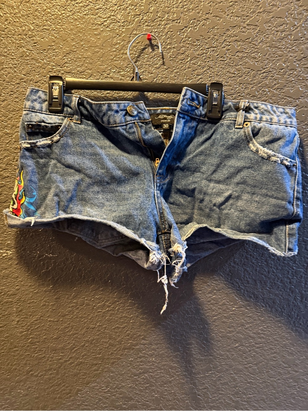 Ed Hardy Blue Distressed Denim Shorts with Flame Patch